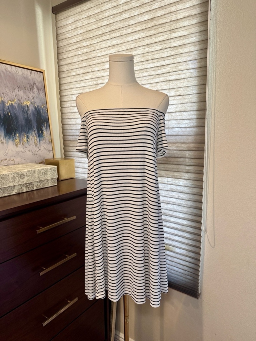 Woman's Old Navy Black & White Striped Off-Shoulder Mini Dress. Size Small